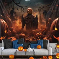 Halloween Decorations Hanging Tapestry Jack O Lantern Pumpkins Wall Art Large Tapestry Mural Decor Photograph Backdrop Blanket Curtain Home Bedroom Living Room Decoration Scarecrow Bats