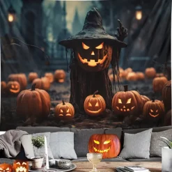Halloween Decorations Hanging Tapestry Jack O Lantern Pumpkins Wall Art Large Tapestry Mural Decor Photograph Backdrop Blanket Curtain Home Bedroom Living Room Decoration Scarecrow Bats