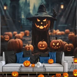 Halloween Decorations Hanging Tapestry Jack O Lantern Pumpkins Wall Art Large Tapestry Mural Decor Photograph Backdrop Blanket Curtain Home Bedroom Living Room Decoration Scarecrow Bats