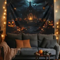 Halloween Decorations Hanging Tapestry Evil Pumpkins Jack O Lantern Wall Art Large Tapestry Mural Decor Photograph Backdrop Blanket Curtain Home Bedroom Living Room