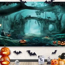 Halloween Decorations Hanging Tapestry Jack O Lantern Pumpkins Wall Art Large Tapestry Mural Decor Photograph Backdrop Blanket Curtain Home Bedroom Living Room Decoration Creepy Forest