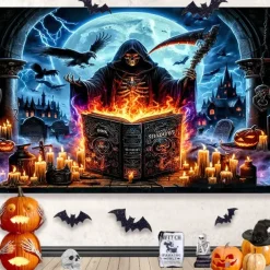 Halloween Decorations Hanging Tapestry Jack O Lantern Pumpkins Wall Art Large Tapestry Mural Decor Photograph Backdrop Blanket Curtain Home Bedroom Living Room Decoration Creepy Forest
