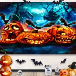 Halloween Decorations Hanging Tapestry Jack O Lantern Pumpkins Wall Art Large Tapestry Mural Decor Photograph Backdrop Blanket Curtain Home Bedroom Living Room Decoration Creepy Forest