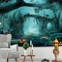 Halloween Decorations Hanging Tapestry Jack O Lantern Pumpkins Wall Art Large Tapestry Mural Decor Photograph Backdrop Blanket Curtain Home Bedroom Living Room Decoration Creepy Forest