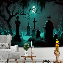 Halloween Decorations Hanging Tapestry Jack O Lantern Pumpkins Wall Art Large Tapestry Mural Decor Photograph Backdrop Blanket Curtain Home Bedroom Living Room Decoration Creepy Forest