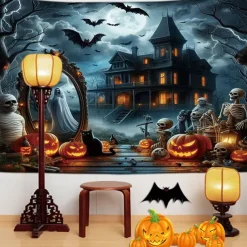 Halloween Decorations Hanging Tapestry Jack O Lantern Wall Art Large Tapestry Mural Decor Photograph Backdrop Blanket Curtain Home Bedroom Living Room Decoration Death Selfie