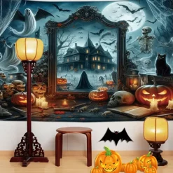 Halloween Decorations Hanging Tapestry Jack O Lantern Wall Art Large Tapestry Mural Decor Photograph Backdrop Blanket Curtain Home Bedroom Living Room Decoration Death Selfie