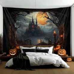 Halloween Decorations Hanging Tapestry Jack O Lantern Pumpkins Wall Art Large Tapestry Mural Decor Photograph Backdrop Blanket Curtain Home Bedroom Living Room Forest Castle