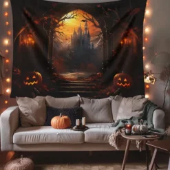 Halloween Decorations Hanging Tapestry Jack O Lantern Pumpkins Wall Art Large Tapestry Mural Decor Photograph Backdrop Blanket Curtain Home Bedroom Living Room Forest Castle