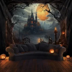 Halloween Decorations Hanging Tapestry Jack O Lantern Pumpkins Wall Art Large Tapestry Mural Decor Photograph Backdrop Blanket Curtain Home Bedroom Living Room Forest Castle
