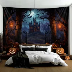 Halloween Decorations Hanging Tapestry Jack O Lantern Pumpkins Wall Art Large Tapestry Mural Decor Photograph Backdrop Blanket Curtain Home Bedroom Living Room Forest Castle