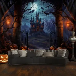 Halloween Decorations Hanging Tapestry Jack O Lantern Pumpkins Wall Art Large Tapestry Mural Decor Photograph Backdrop Blanket Curtain Home Bedroom Living Room Forest Castle