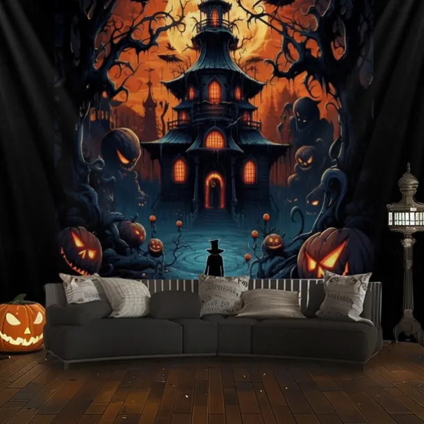 Halloween Decorations Hanging Tapestry Jack O Lantern Pumpkin Graveyard Wall Art Large Tapestry Mural Decor Photograph Backdrop Blanket Curtain Home Bedroom Living Room