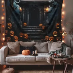 Halloween Decorations Hanging Tapestry Jack O Lantern Pumpkin Graveyard Wall Art Large Tapestry Mural Decor Photograph Backdrop Blanket Curtain Home Bedroom Living Room