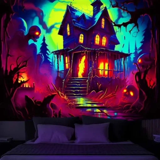 Halloween Decorations Hunted House Blacklight Tapestry UV Reactive Glow in the Dark Misty Graveyard Hanging Tapestry Wall Art Mural for Living Room Bedroom