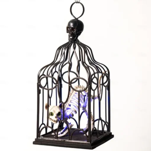 Halloween Decorations Indoor Outdoor, Halloween Hanging Cage Glowing Skeleton Cat, Halloween Cage Prop Skeleton Cat Decoration, Hanging Decor for Haunted House