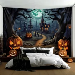 Halloween Decorations Pumpkin Forest Hanging Tapestry Wall Art Large Tapestry Mural Decor Photograph Backdrop Blanket Curtain Home Bedroom Living Room Haunted House