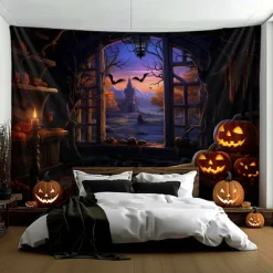 Halloween Decorations Pumpkins Window Hanging Tapestry Wall Art Large Tapestry Mural Decor Photograph Backdrop Blanket Curtain Home Bedroom Living Room Decoration