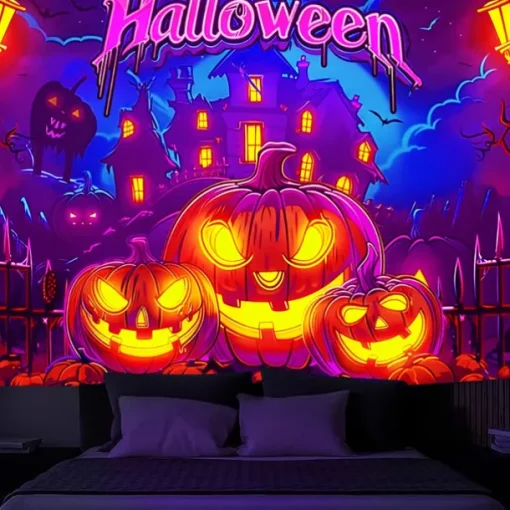 Halloween Decorations Pumpkin Blacklight Tapestry UV Reactive Glow in the Dark Forest Trippy Mountain Misty Graveyard Ghost Hanging Tapestry Wall Art Mural for Living Room Bedroom