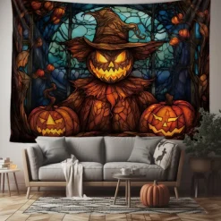 Halloween Decorations Tapestry Jack O Lantern Pumpkin Decor Wall Art Large Hanging Tapestry Mural Decor Photograph Backdrop Blanket Curtain Home Bedroom Living Room Stained Glass Bat