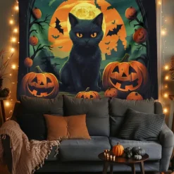 Halloween Decorations Tapestry Carved Pumpkin Dog Hanging Wall Art Large Tapestry Mural Decor Photograph Backdrop Blanket Curtain Home Bedroom Living Room