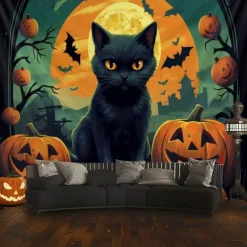 Halloween Decorations Tapestry Carved Pumpkin Dog Hanging Wall Art Large Tapestry Mural Decor Photograph Backdrop Blanket Curtain Home Bedroom Living Room