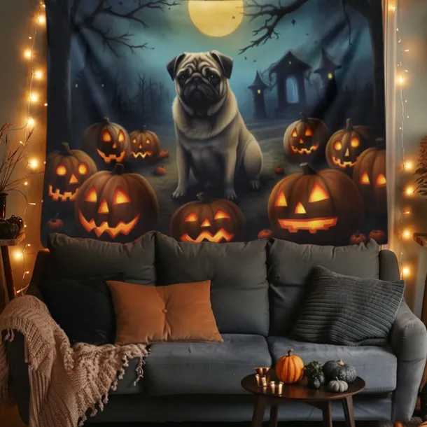 Halloween Decorations Tapestry Carved Pumpkin Dog Hanging Wall Art Large Tapestry Mural Decor Photograph Backdrop Blanket Curtain Home Bedroom Living Room