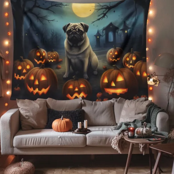 Halloween Decorations Tapestry Carved Pumpkin Dog Hanging Wall Art Large Tapestry Mural Decor Photograph Backdrop Blanket Curtain Home Bedroom Living Room