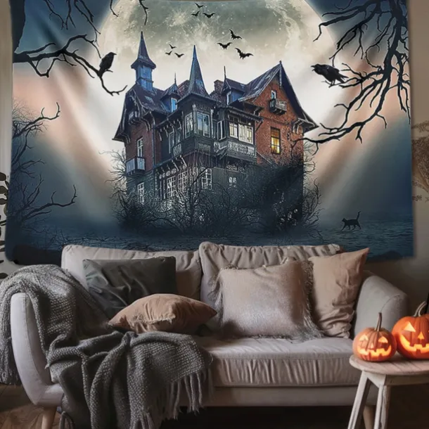 Halloween Decorations Tapestry Jack O Lantern Pumpkin Decor Wall Art Large Hanging Tapestry Mural Decor Photograph Backdrop Blanket Curtain Home Bedroom Living Room Skull Skeleton Bat Graveyard