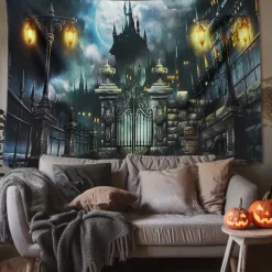 Halloween Decorations Tapestry Jack O Lantern Pumpkin Decor Wall Art Large Hanging Tapestry Mural Decor Photograph Backdrop Blanket Curtain Home Bedroom Living Room Skull Skeleton Bat Graveyard