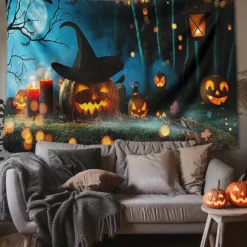 Halloween Decorations Tapestry Jack O Lantern Pumpkin Decor Wall Art Large Hanging Tapestry Mural Decor Photograph Backdrop Blanket Curtain Home Bedroom Living Room Skull Skeleton Bat Graveyard