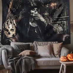 Halloween Decorations Tapestry Jack O Lantern Pumpkin Decor Wall Art Large Hanging Tapestry Mural Decor Photograph Backdrop Blanket Curtain Home Bedroom Living Room Skull Skeleton Bat Graveyard