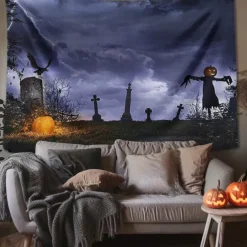 Halloween Decorations Tapestry Jack O Lantern Pumpkin Decor Wall Art Large Hanging Tapestry Mural Decor Photograph Backdrop Blanket Curtain Home Bedroom Living Room Skull Skeleton Bat Graveyard