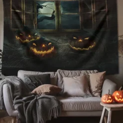 Halloween Decorations Tapestry Jack O Lantern Pumpkin Decor Wall Art Large Hanging Tapestry Mural Decor Photograph Backdrop Blanket Curtain Home Bedroom Living Room Skull Skeleton Bat Graveyard