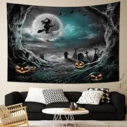 Halloween Decorations Tapestry Jack O Lantern Pumpkin Decor Wall Art Large Hanging Tapestry Mural Decor Photograph Backdrop Blanket Curtain Home Bedroom Living Room Bat Haunted House Graveyard