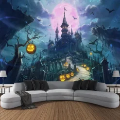 Halloween Decorations Tapestry Jack O Lantern Pumpkin Decor Wall Art Large Hanging Tapestry Mural Decor Photograph Backdrop Blanket Curtain Home Bedroom Living Room Bat Haunted House Graveyard