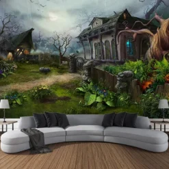 Halloween Decorations Tapestry Jack O Lantern Pumpkin Decor Wall Art Large Hanging Tapestry Mural Decor Photograph Backdrop Blanket Curtain Home Bedroom Living Room Bat Haunted House Graveyard