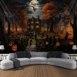 Halloween Decorations Tapestry Jack O Lantern Pumpkin Decor Wall Art Large Hanging Tapestry Mural Photograph Backdrop Blanket Curtain Home Bedroom Living Room Bats Haunted House Graveyard