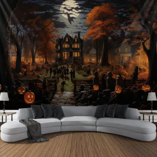 Halloween Decorations Tapestry Jack O Lantern Pumpkin Decor Wall Art Large Hanging Tapestry Mural Photograph Backdrop Blanket Curtain Home Bedroom Living Room Bats Haunted House Graveyard
