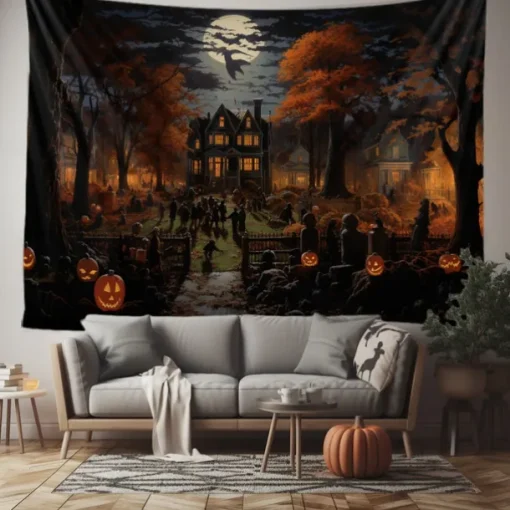 Halloween Decorations Tapestry Jack O Lantern Pumpkin Decor Wall Art Large Hanging Tapestry Mural Photograph Backdrop Blanket Curtain Home Bedroom Living Room Bats Haunted House Graveyard