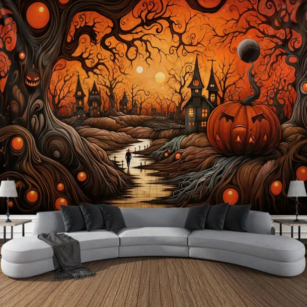 Halloween Decorations Tapestry Jack O Lantern Pumpkin Decor Wall Art Large Hanging Tapestry Mural Decor Photograph Backdrop Blanket Curtain Home Bedroom Living Room Skeleton Death