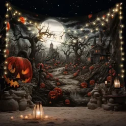 Halloween Decorations Tapestry Jack O Lantern Pumpkin Decor Wall Art Large Hanging Tapestry Mural Decor Photograph Backdrop Blanket Curtain Home Bedroom Living Room Skeleton Death