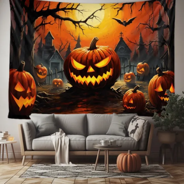 Halloween Decorations Tapestry Jack O Lantern Pumpkin Decor Wall Art Large Hanging Tapestry Mural Decor Photograph Backdrop Blanket Curtain Home Bedroom Living Room Bat Haunted House Graveyard