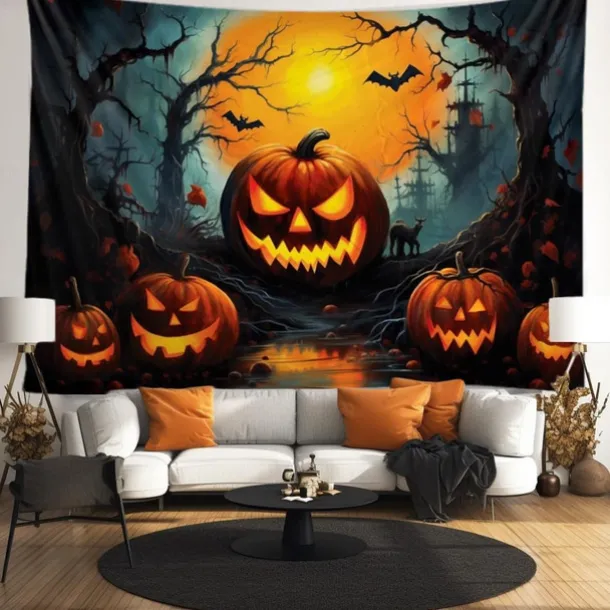 Halloween Decorations Tapestry Jack O Lantern Pumpkin Decor Wall Art Large Hanging Tapestry Mural Decor Photograph Backdrop Blanket Curtain Home Bedroom Living Room Bat Haunted House Graveyard