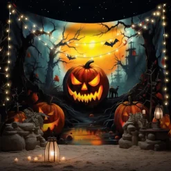Halloween Decorations Tapestry Jack O Lantern Pumpkin Decor Wall Art Large Hanging Tapestry Mural Decor Photograph Backdrop Blanket Curtain Home Bedroom Living Room Bat Haunted House Graveyard