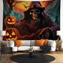 Halloween Decorations Tapestry Jack O Lantern Pumpkin Decor Wall Art Large Hanging Tapestry Mural Decor Photograph Backdrop Blanket Curtain Home Bedroom Living Room Skeleton Death