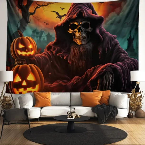 Halloween Decorations Tapestry Jack O Lantern Pumpkin Decor Wall Art Large Hanging Tapestry Mural Decor Photograph Backdrop Blanket Curtain Home Bedroom Living Room Skeleton Death