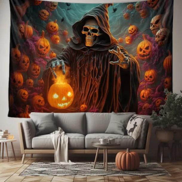 Halloween Decorations Tapestry Jack O Lantern Pumpkin Decor Wall Art Large Hanging Tapestry Mural Decor Photograph Backdrop Blanket Curtain Home Bedroom Living Room Skeleton Death