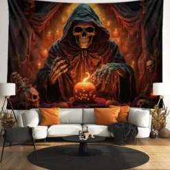 Halloween Decorations Tapestry Jack O Lantern Pumpkin Decor Wall Art Large Hanging Tapestry Mural Decor Photograph Backdrop Blanket Curtain Home Bedroom Living Room Skeleton Death