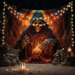 Halloween Decorations Tapestry Jack O Lantern Pumpkin Decor Wall Art Large Hanging Tapestry Mural Decor Photograph Backdrop Blanket Curtain Home Bedroom Living Room Skeleton Death